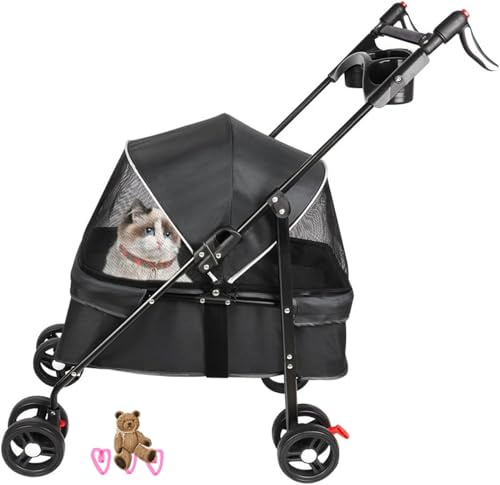 Poussette pour chien à 4 roues avec bretelles, poussette pour animaux de compagnie de petite et moyenne taille, chariot de voyage pliable pour animal de compagnie,50 * 70 * 95cm- Noir