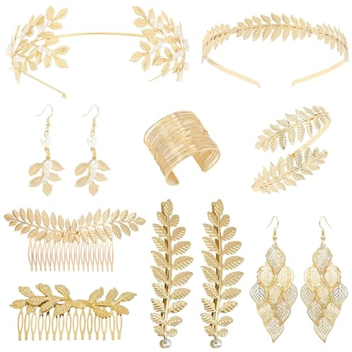 Sxutop Juegos de Accesorios de Diosa Griega 10 Piezas Joyas de Diosa Griega para Mujer Diadema Hoja Oro,Peine Hoja,Brazalete Brazo Superior Pendientes y Pasadores Cabello para Bodas,Fiestas