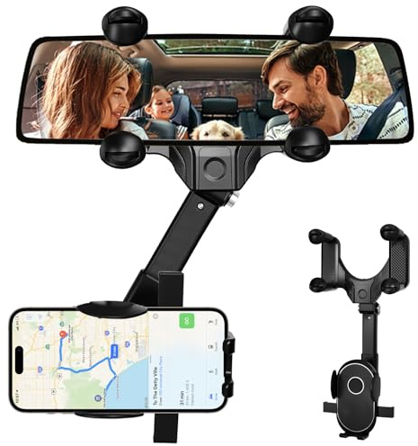 Ulluthu Soporte Movil Retrovisor con Diseño de 4 Garras | 360° Giratorio y Extensible 32cm | Material ABS | Universal para Todos los Coches y Smartphones