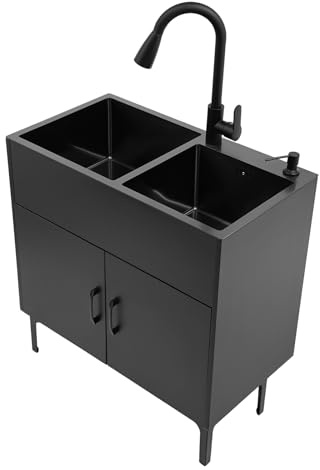 ACROSSPART Spültisch Freistehend, Edelstahl Spüle mit Unterschrank und Ausziehbar Wasserhahn, 2 Becken Küchenspüle für Restaurant, Haushaltsküche, 75x41x78cm