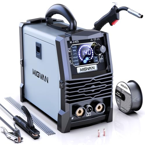 MIGVAN Schweißgerät Fülldraht ohne Gas 3-in-1 Inverter 140A Synergisches Flux MIG/MMA/Lift TIG Schweißgerät, 60% ED, IGBT-Technologie, One-Touch Drahtvorschub, Leicht & Tragbar für Heimwerker M140S