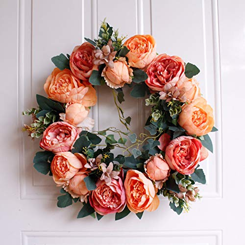 Skönlitteratur 40 cm champagne orange krans, konstgjord silkesblomma vinstockskrans för heminredning, inomhus utomhusdörr vägg bröllopsfest dekoration