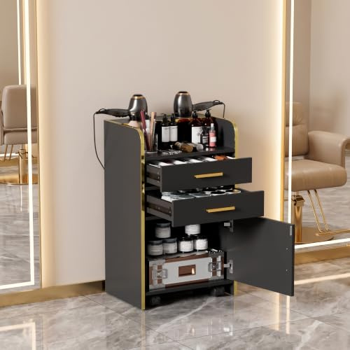 MSFE Chariot Coiffure à Roulettes,Chariot de Salon avec 2 Tiroirs,1 Armoire et 2 Supports pour Sèche-Cheveux,Chariots de Travail en bois Moderne pour Salle de Bain Salon,Styliste,Coiffeur,45*35*80CM