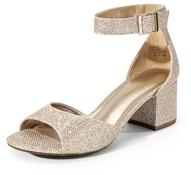 DREAM PAIRS Women's Low Chunky Heels, 2.2-Inch Block Heel Sandals with Adjustable Buckle Strap, Cushioned Insole, Non-Slip Outsole, Versatile for Weddings, Size 9.5,Gold/Glitter,CHUNKLE