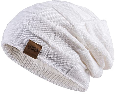 REDESS Beanie Hat for Men Winter Warm Hats Knit Slouchy Thick Skull Cap White