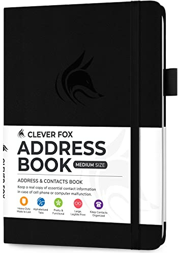 Clever Fox adressbok med alfabetiska flikar – PU-läder telefon och adressbok för att hålla kontakter säkra, kontaktorganiseringsdagbok, medelstorlek (13,5 x 19 cm) inbunden, svart