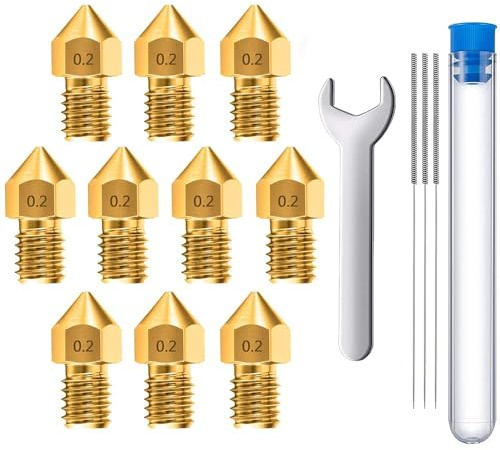 MMOBIEL 10 pièces MK8 en Laiton de 0,2 mm pour imprimante 3D, extrudeuse Compatible avec Les séries Creality Ender 3, Ender 5, CR-10/10S, Makerbot, Anet A8, incluant 3 Aiguilles de Nettoyage et Clé