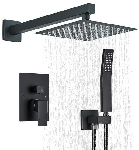 Ackwave Shower Faucet Matte Black Shower System with 8 Inches Rain Shower Head and Handheld Spray Bathroom Luxury Rain Shower Faucet Set Complete Wall Mounted