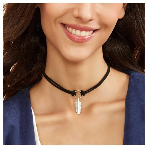 Allereya Vintage Geschichtet Leder Halskette Silber Feder Anhänger Choker Schwarz Kurz Samt Geometrischen Kreis Schmuck Für Frauen Und Mädchen (Schwarz)