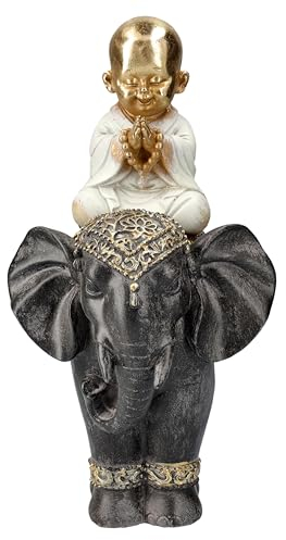 Figuren Shop GmbH Statue de Bouddha en prière sur éléphant - Or blanc - Pierre artificielle - 26,5 cm - Statue Déco Bouddhisme