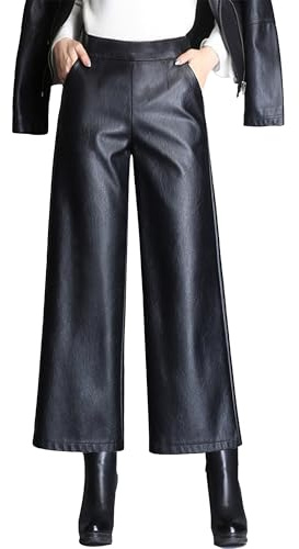 Nexstone Women's Faux PU Leather Pants High Waist Wide Leg Trousers Culottes (Black-L)