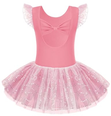 Arshiner Robe de Ballet Filles Arc Manches Courtes Vêtements de Danse Justaucorps en Coton pour Enfants avec Jupe en Tulle Pailleté Rose Corail 130