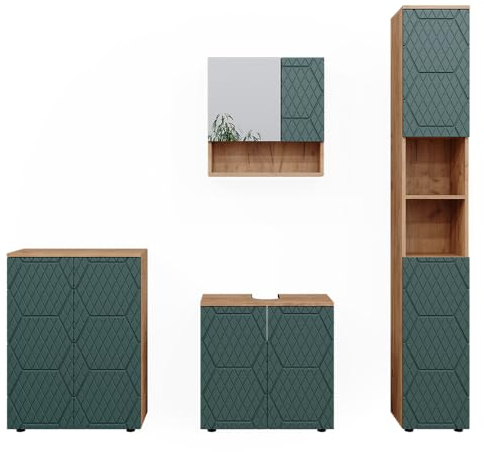 Vicco Meubles Bain Irma, Vert/Force de l'or Chêne, 4 pièces, avec Armoire Haute et Commode