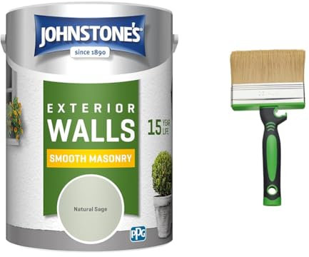 Johnstone's – Exterior Smooth Masonry Paint – Natural Sage – Up to 15 Years Protection – Weather & Fit For The Job 4 inch Large Capacity Shed And Fence Block Brush for Rapid Painting of Sheds & Fence