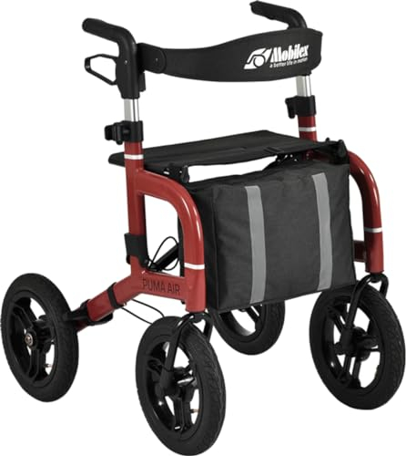 FabaCare Outdoor-Rollator mit Vollausstattung Feststellbremse, Leichtgewichtrollator, Aluminium-Rollator, Puma Air Luftbereifung, faltbar, abnehmbar Tasche Rückengurt Stockhalter, Getränkehalter, rot