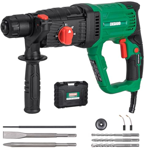 Deshuo 1 SDS-Plus Lightweight Rotary Hammer Drill, 9 Amp 4 Functions Corded Variable Speed Rotomartillo with Safety Clutch for Concrete, Includes 3 Drill Bits,2 Chisels,Carrying Case