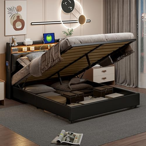 Callicarpa Sängklädsel, 180 x 200 cm med förvaringsutrymme, sänggavel med förvaringsfack och USB-laddningsfunktion, förvaringssäng med LED-belysning, PU, sängram 180 x 200 med ribbotten, utan madrass