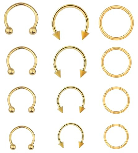 xwnyzw 12 PCS Horseshoe Nose Ring Gold Set, Conch Piercing Jewellery Septum Jewellery Horse Shoe Nose Ring, Gold Helix Hoop Suitable for Birthday Gift Giving Daily Life Gatherings Party