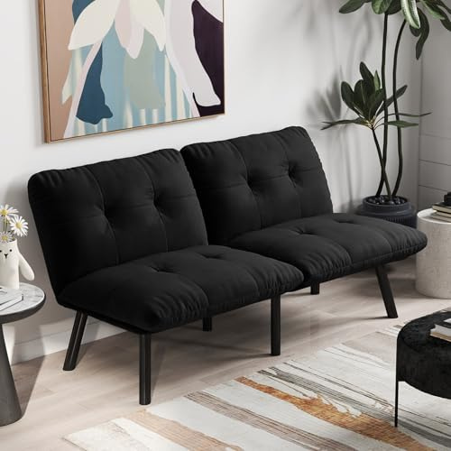 EURHCIO Canape 2 Places Convertible,Canapé Lit Convertible,Banquette 2 Places,Dossier Réglable,Tissu en Velours,pour Chambre Salon Bureau (Noir-A)