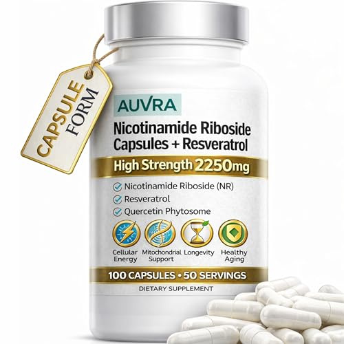 NAD+ Supplement 2250mg with Nicotinamide Riboside, Resveratrol and Quercetin – 100 Capsules for Cellular Energy, DNA Repair, Mitochondrial Health, Healthy Ageing and Longevity Support (50 Servings)