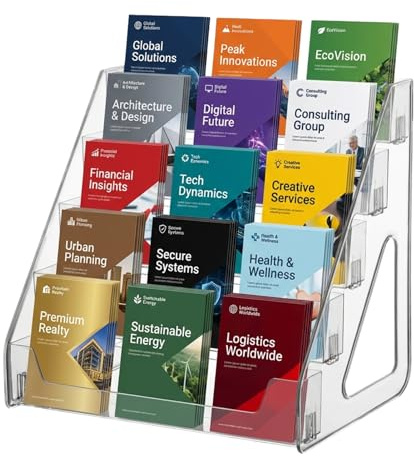 5 Tier Brochure Holder 12x13” Clear Acrylic Literature Display Stand Holds 3 Brochures in One Row Pamphlet Holder Display Stand for Booklets Flyers Table Signs Office Exhibition Store Home, 1 Pack