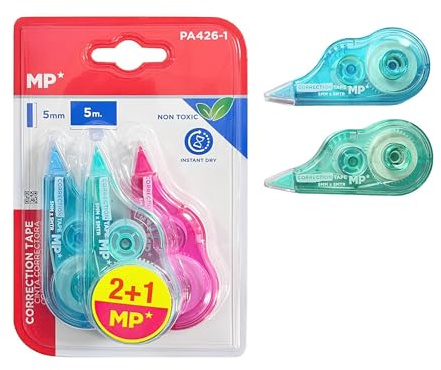 MP 3 stycken korrigeringsrullar, mus, 5 m x 5 mm korrigeringsmus, exakt, omedelbart skrivbart korrigeringsband för kontor, hemmakontor eller skola, kompakt