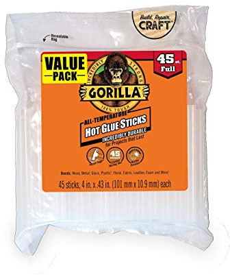 Gorilla Hot Glue Sticks, Clear Glue, Full Size 4 Long x 0.43 Diameter, 45 Count (Pack of 1) - Safe for All Temperatures with Extended Working Time