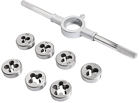 sourcing map 8Stk. Rund Schraubenschlüsselsatz Werkzeughalter 25mm (1) + Schneideisen M3 x 0.5 M4 x 0.7 M5 x 0.8 M6 x 1.0 M8 x 1.25 M10 x 1.5 M12 x 1.75