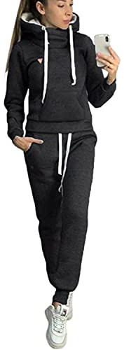 BUOYDM Tuta Donna Sportiva Completa Felpa Cappuccio Collo Alto & Pantaloni 2 Pezzi Completo Sportivo Autunno Inverno B-Nero L