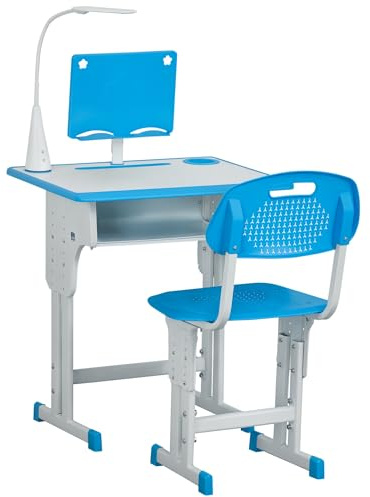 HOMCOM Banchetto per Bambini 6-12 Anni ad Altezza Regolabile con Lampada LED, Leggio e Mensola, Set Banco con Sedia per Bambini in PP, Acciaio e MDF, Blu