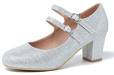 Eugisy Women's Mary Jane Pumps Double Strap Chunky Block Heel Closed Round Toe Dress Office Work Bridal Wedding Party Shoes Silver Glitter 46-12.5US