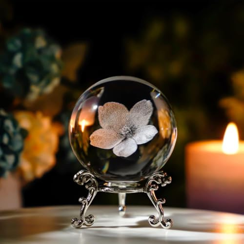 HDCRYSTALGIFTS Presse-papier en forme de fleur de cristal avec support plaqué argent - Boule décorative en verre de 60 mm pour décoration d'intérieur (fleurs de cerisier)