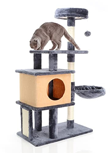 Fudajo Rascador Gris Oscuro 112 cm árbol rascador para Gatos con caseta, Poste rascador con Hamaca y Plataformas, Mueble para Gatos con Tablero para rascar