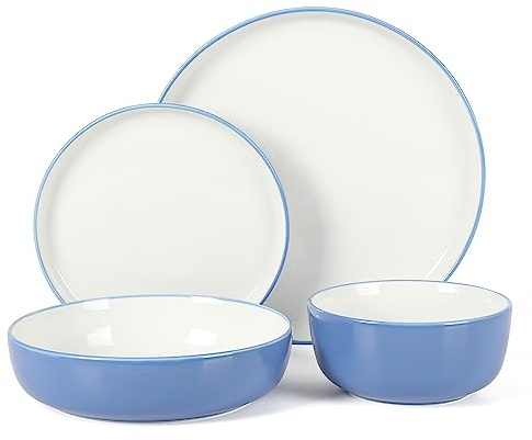Sur La Table Kitchen Essentials Two-Tone Porcelain Dinnerware Plates and Bowls Set - Blue/White, Service for 4 (16pcs)