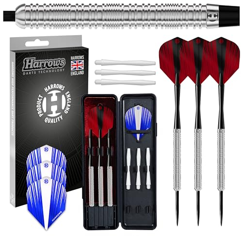 Harrows Caliber 90% Tungsten Steel Tip Darts Set I 21g bis 30g Alle Gewichte verfügbar I Riesiges 16-teiliges Bundle mit Ersatzschäften, Prime Flights & Reiseetui (25 Grams)