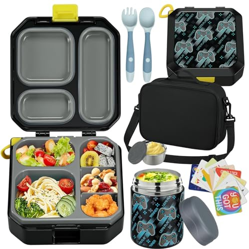 wiwens Bento Lunch Box for Kids with 12oz Soup Thermo Leak-Proof Lunch Food Container with 5 Compartment Thermo Hot Food Jar and Insulated Lunch Bag for Kid Toddler Girls Boys to School