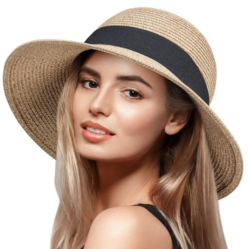 VIFUUR Damen Strohhüte Breiter Rand Sommervisier Strand Sonnenhut Verpackbare UPF UV Faltbare Reise Mix Beige/Black M/L