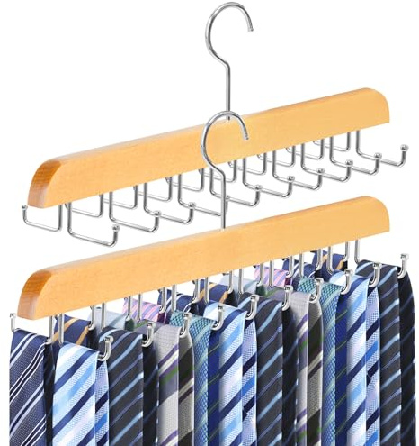 2PC Tie Rack Organizer, Tie Hanger for Closet with 20 Foldable Hooks, Wood