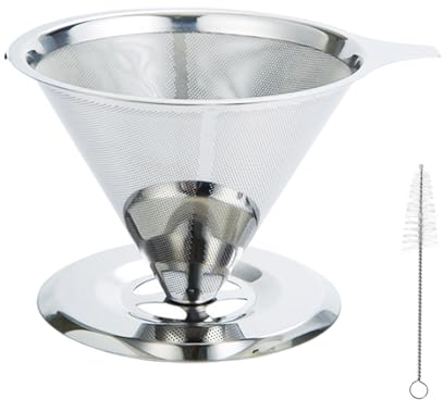 Orssmigs Edelstahl Kaffeefilter Wiederverwendbar Dauerfilter Kaffee Größe 4 Permanentfilter,Kaffee Filter Aufsatz mit Tassenhalterung Dripper zur Herstellung von Manuellem Kaffee,mit Reinigungsbürsten