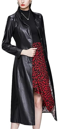 Autunno Inverno Donna Vintage Faux Pelle Trench Cappotto Lungo Giacca In Pelle Cappotto, Nero , XL