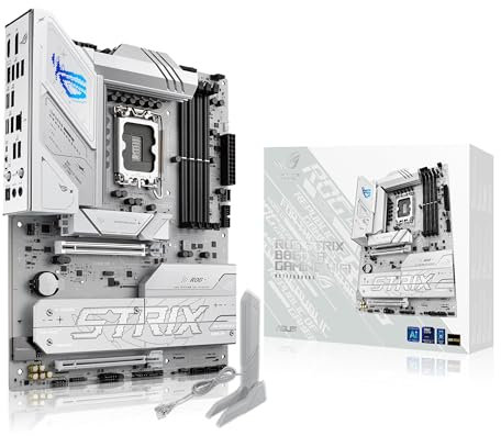 ASUS ROG Strix B860-A Gaming WiFi ATX motherboard, Advanced AI PC-ready, 14+1+2+1 power stages, DDR5 slots, PCIe 5.0, four M.2 slots, WiFi 7, AI Networking II, Aura Sync RGB lighting.