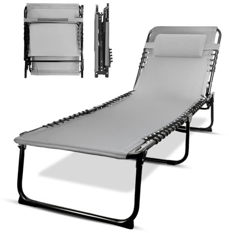KEPLIN Foldable Recliner Sun Lounger - 600D Oxford Fabric - Adjustable Back and Leg Rests - Lightweight and Portable - Compact Space-Saving Design - Durable Outdoor Use - 190 x 65 x 30 cm (Grey)