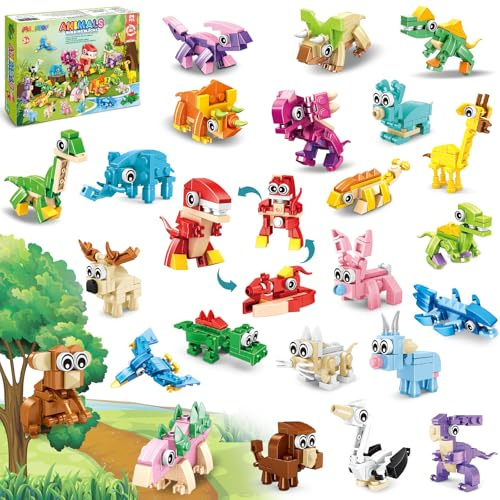 MOONTOY Detalles Cumpleaños Niños, 24 Animales Bloques de Construcción Niños, 3 en 1 Mini Dinosaurios Bloques de Construcción para Regalos de Pascua y Cumpleaños Regalos para Niños y Niñas 3-12 Años