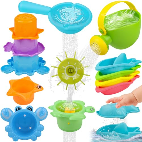 Baby Bath Toys for 1 2 3 4 Year Olds - 11PCS Mould Free Water Play Swimming Pool Toys for Toddler Kids with Stacking Cups, Watering Can, Boats, Bath Cups | No Mould Bathtub Toys Present for Boys Girls