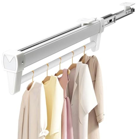 Pull Out Clothes Hanger Rod, Adjustable Pull Out Clothes Rail for Wardrobe Clothing Rail Hanger Rack Extendable Closet Rod for Pants Clothing Storage, Space Saving, Load 30kg (White 310mm)