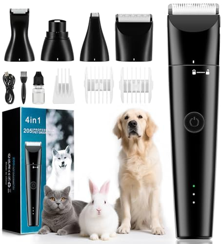 Sunny Power 4 in 1 Dog Clippers Grooming Kit, Professional Pet Clippers for Cats Rabbit, Safe Paw Trimmer Cat Shaver, Dog Hair Clipper with Low Noise, Rechargeable Cordless Cat Clippers for Matted Fur