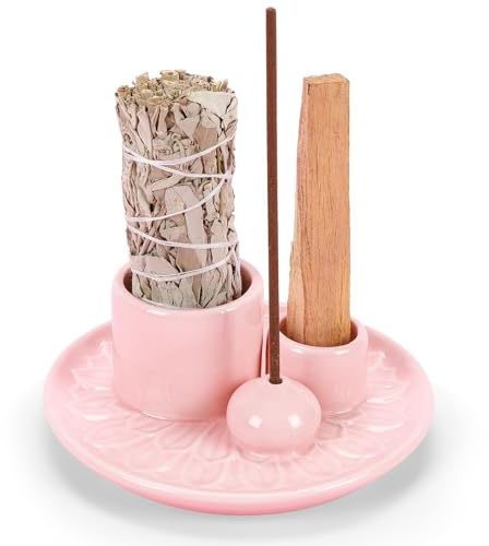 Cuenco de incienso 4 en 1 hecho a mano para cada incienso, palo, santo blanco, salvia blanca, bandeja para incienso, bandeja de cerámica para sala de meditación, yoga y rosa