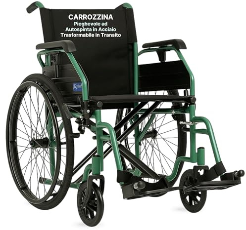 REMEDIA ONE - Sedia a Rotelle Pieghevole Leggera ad Autospinta, Carrozzina per Disabili in Acciaio Trasformabile in Transito - Seduta 43 cm, Verde