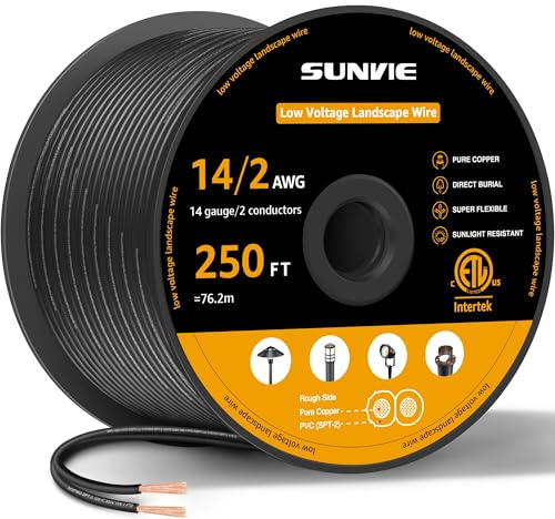 SUNVIE 14/2 Low Voltage Landscape Lighting Wire 250FT with Spool Outdoor Landscape Cable 14 Gauge 2 Conductors Low Voltage Wire for Landscaping Lights, ETL Listed, Pure Copper, Outdoor Direct Burial