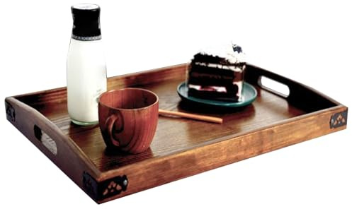 Bandeja para servir de madera marrón - Bandeja rectangular grande para cena, plato de Maderá con asa Bandejas de té con plato de madera para hotel | Decoración rústica de una granja para el desayuno,